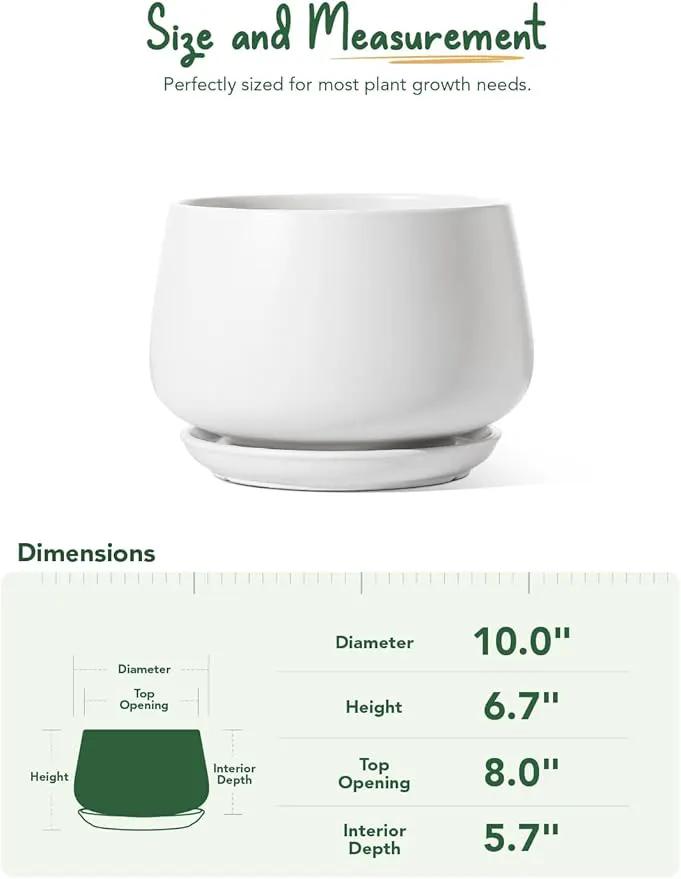 LE TAUCI Ceramic Planter, 10 Inch Plant Pot with Drainage Hole & Saucer – Durable Indoor Planter for Modern Home Decor, White by GreenHaven Gardens