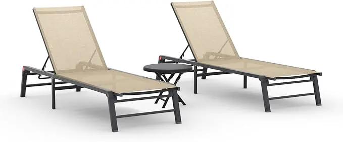 Aluminum Chaise Lounge Chair Outdoor, Foldable Patio Lounge Chair 2 Sets with Table Assemble-Free, Pool Lounge Chairs with 5 Adjustable Backrest, Outdoor Lounge Chairs for Outside Poolside Flaxen by GreenHaven Gardens