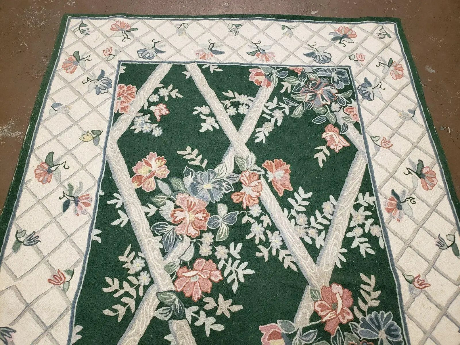 3' 6" X 5' 6" Hand Stitched Indian Wool Rug with Backing Green Beige by Jewel Rugs