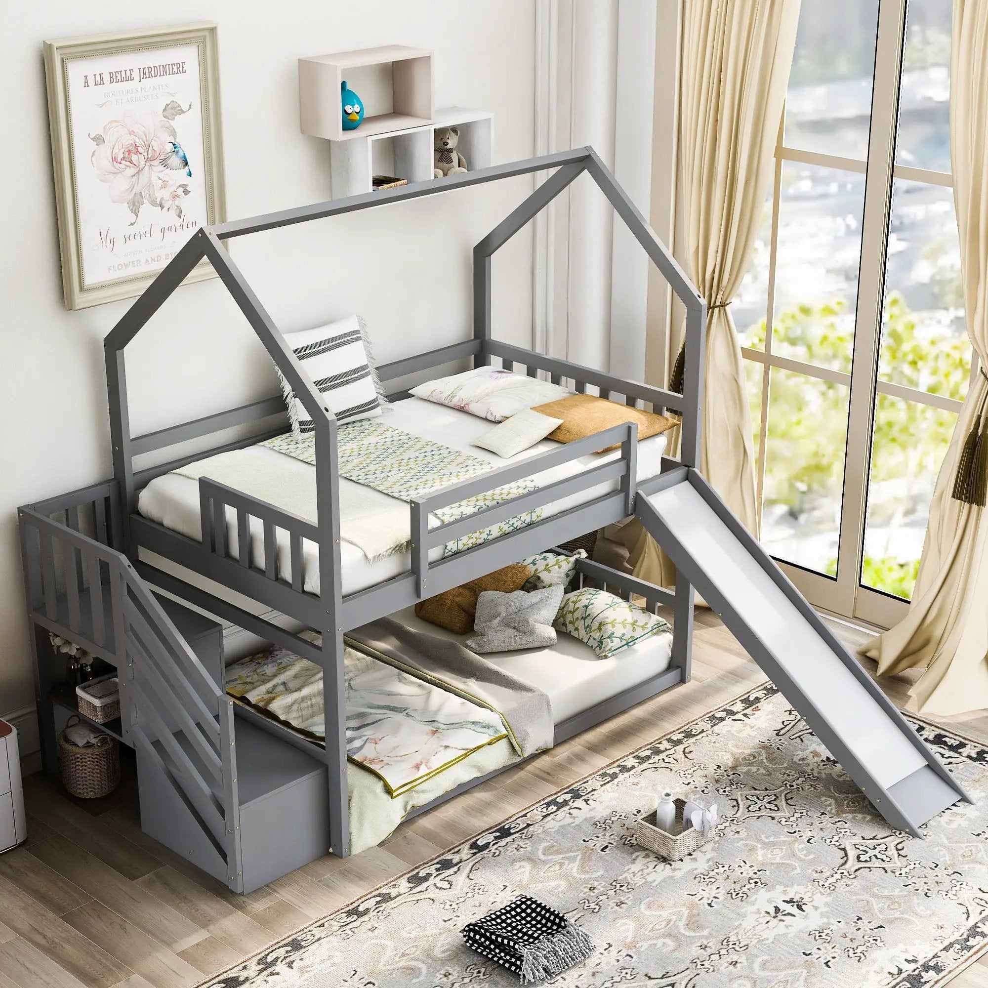 Twin Over Twin House Bunk Bed With Convertible Slide, Storage Staircase by Unique Piece Furniture