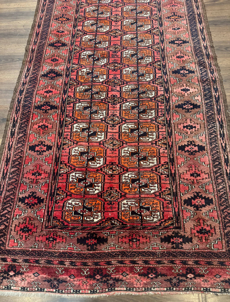 Antique Turkoman Rug 3.7 x 6.7, Red, Wool Runner Rug by Jewel Rugs