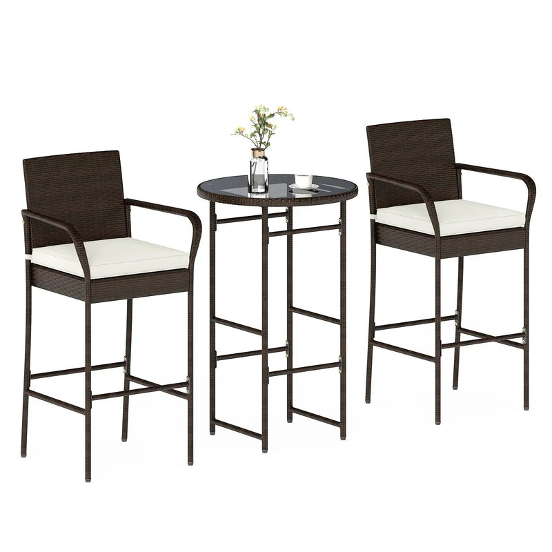 3 Piece Outdoor Bar Set with 2 Seat Cushions for Porch Yard-White by DirectDeals