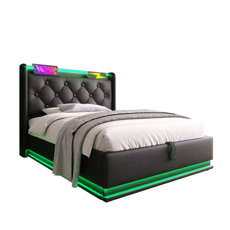 Upholstered Bed, 360 Surround LED Function, Remote Control, Hydraulic Storage Bed With USB, Type-C Charging (Without Mattress) by HouseOfZazla