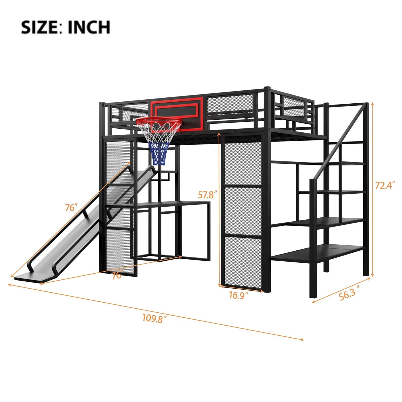 Loft Bed With Built In Desk, Open Wardrobe, Basketball Hoop, Slide And Staircase by HouseOfZazla