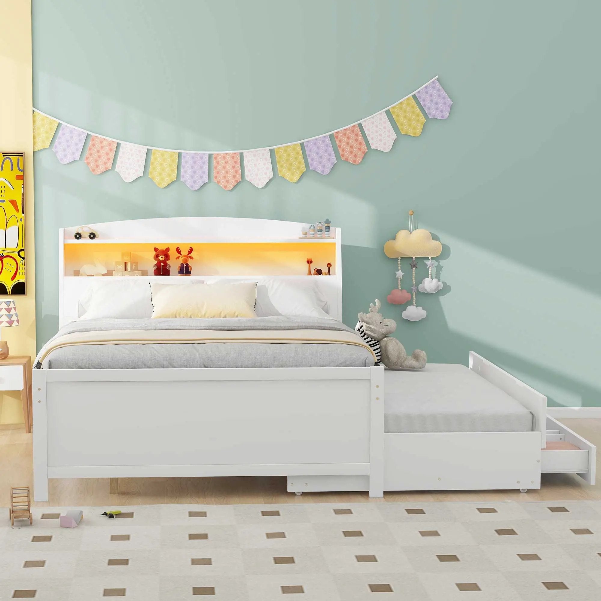 Full Size Platform Bed With Storage LED Headboard, Twin Trundle And 3 Drawers - White by HouseOfZazla