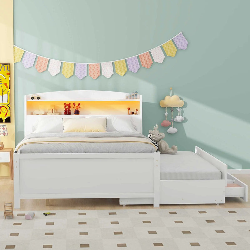Full Size Platform Bed With Storage LED Headboard, Twin Trundle And 3 Drawers - White by HouseOfZazla