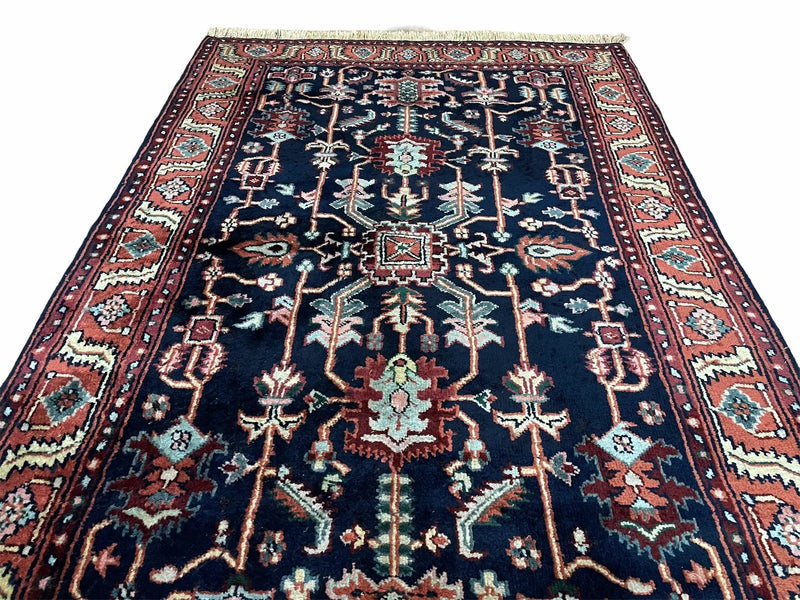4x6 Vintage Handmade Wool Geometric Rug Organic Dyes Blue Red Hand-Knotted Rug by Jewel Rugs