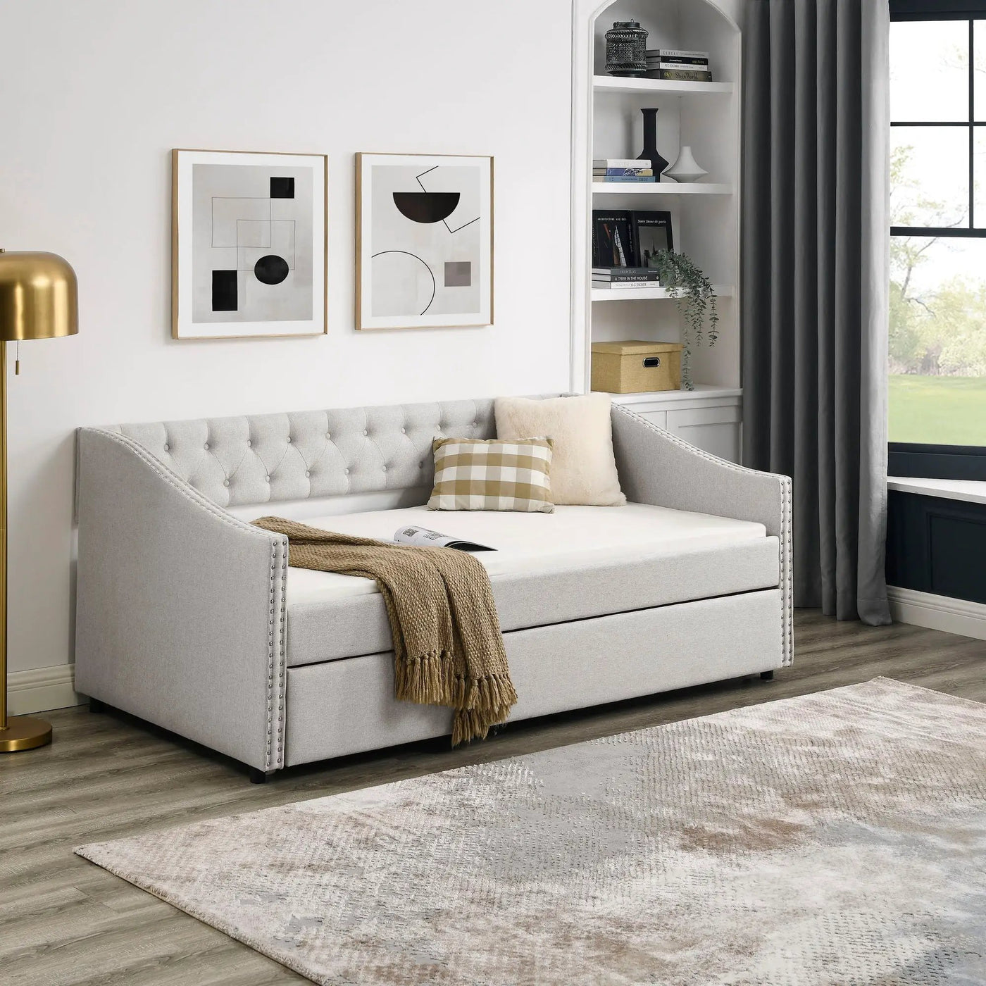 Upholstered Tufted Daybed With Drawers, Waved Arms by HouseOfZazla