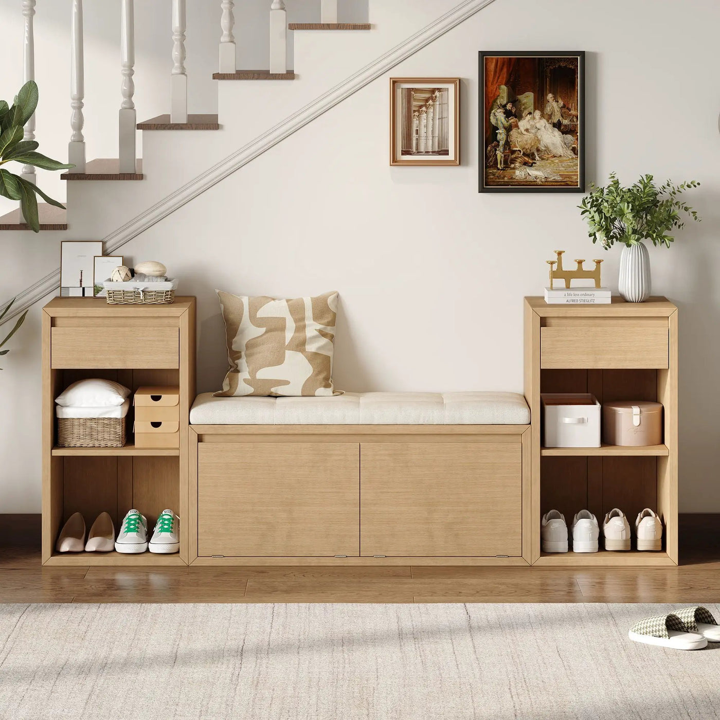 Entryway Storage Bench With Cushion, Drawers & Open Shelves by HouseOfZazla