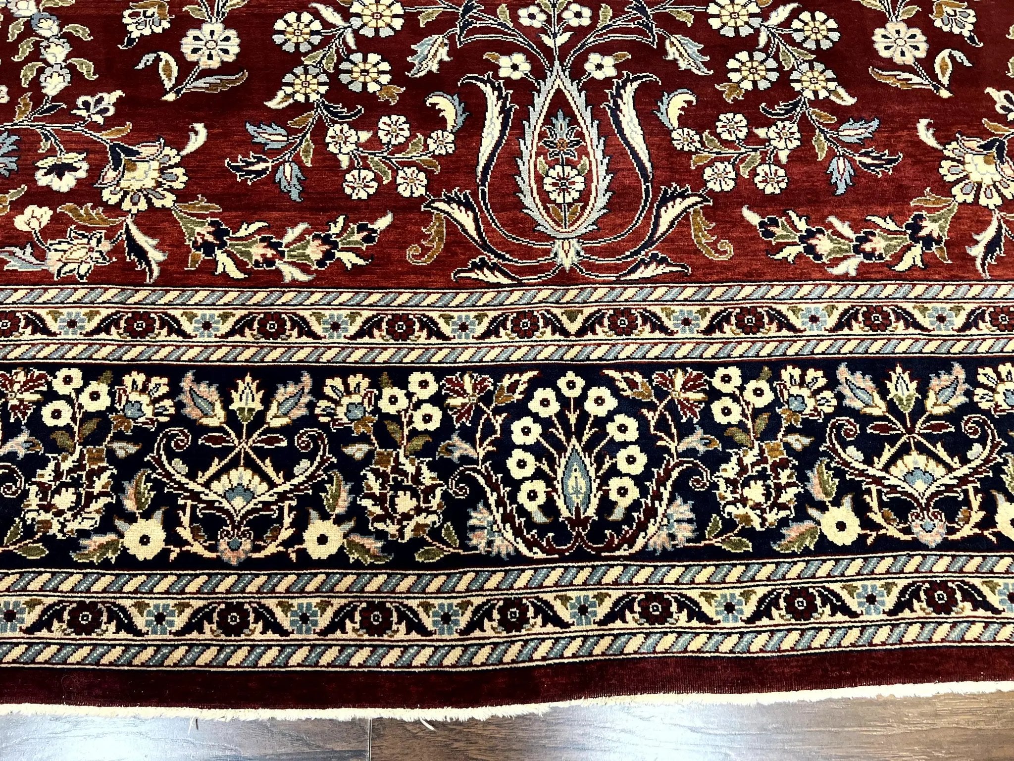 Indo Persian Sarouk Rug 9x12, Floral Allover, Dark Red & Navy Blue, Handmade Vintage Wool Carpet by Jewel Rugs