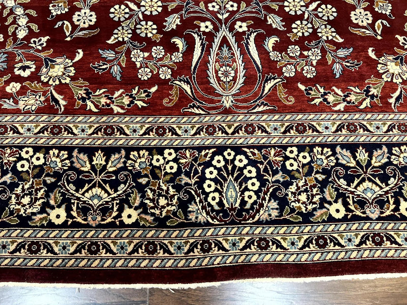 Indo Persian Sarouk Rug 9x12, Floral Allover, Dark Red & Navy Blue, Handmade Vintage Wool Carpet by Jewel Rugs