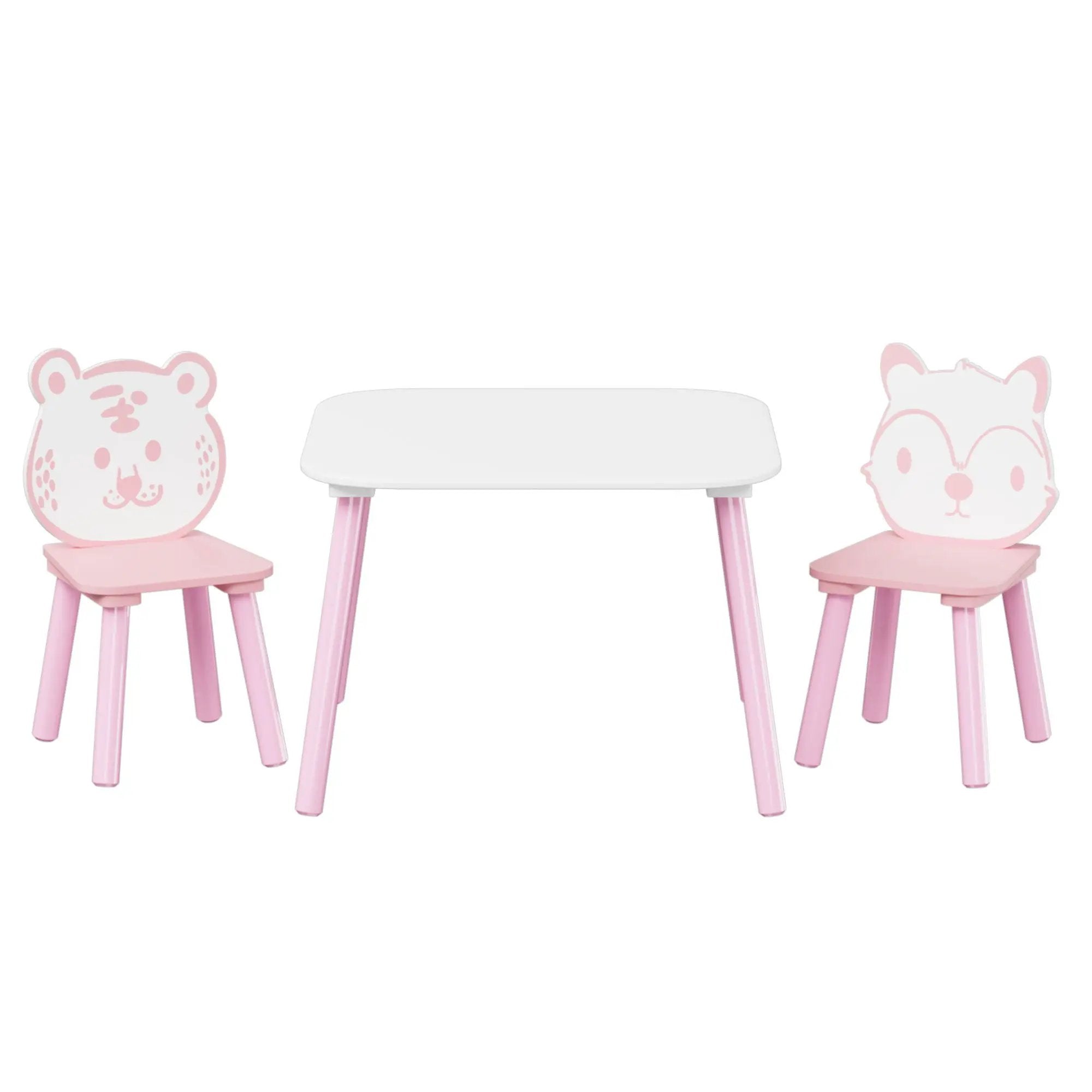 Table And Chair Set, 3 Piece Wooden Toddler Desk With Animal Backrest - Pink / White by HouseOfZazla
