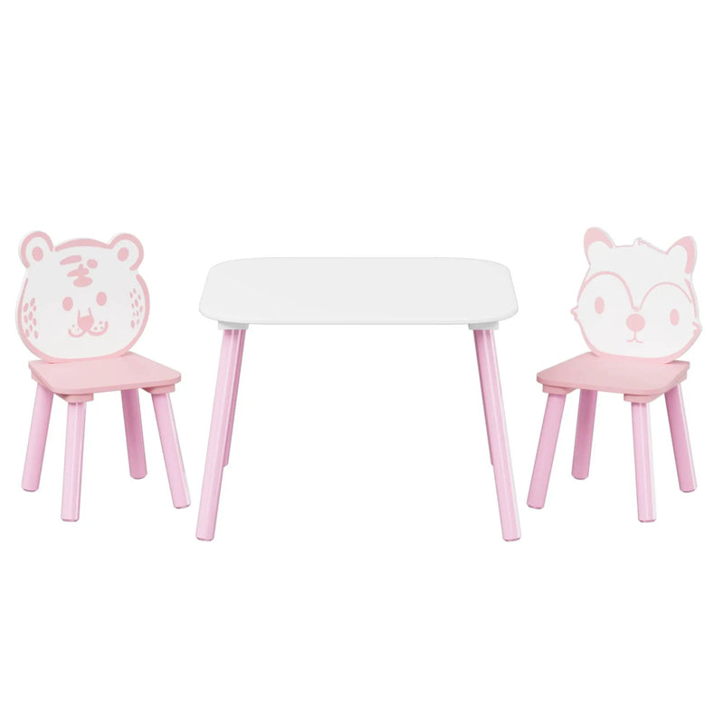 Table And Chair Set, 3 Piece Wooden Toddler Desk With Animal Backrest - Pink / White by HouseOfZazla