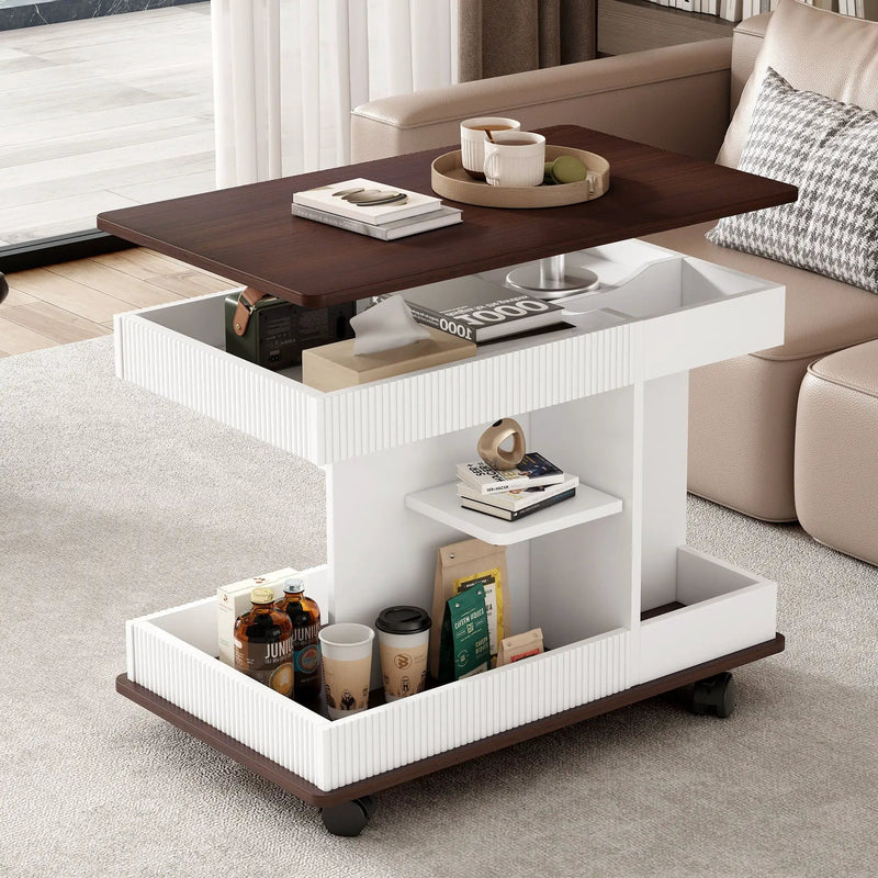 Adjustable End Table With Wheels, 360°Rotating Top And Storage Space by Unique Piece Furniture