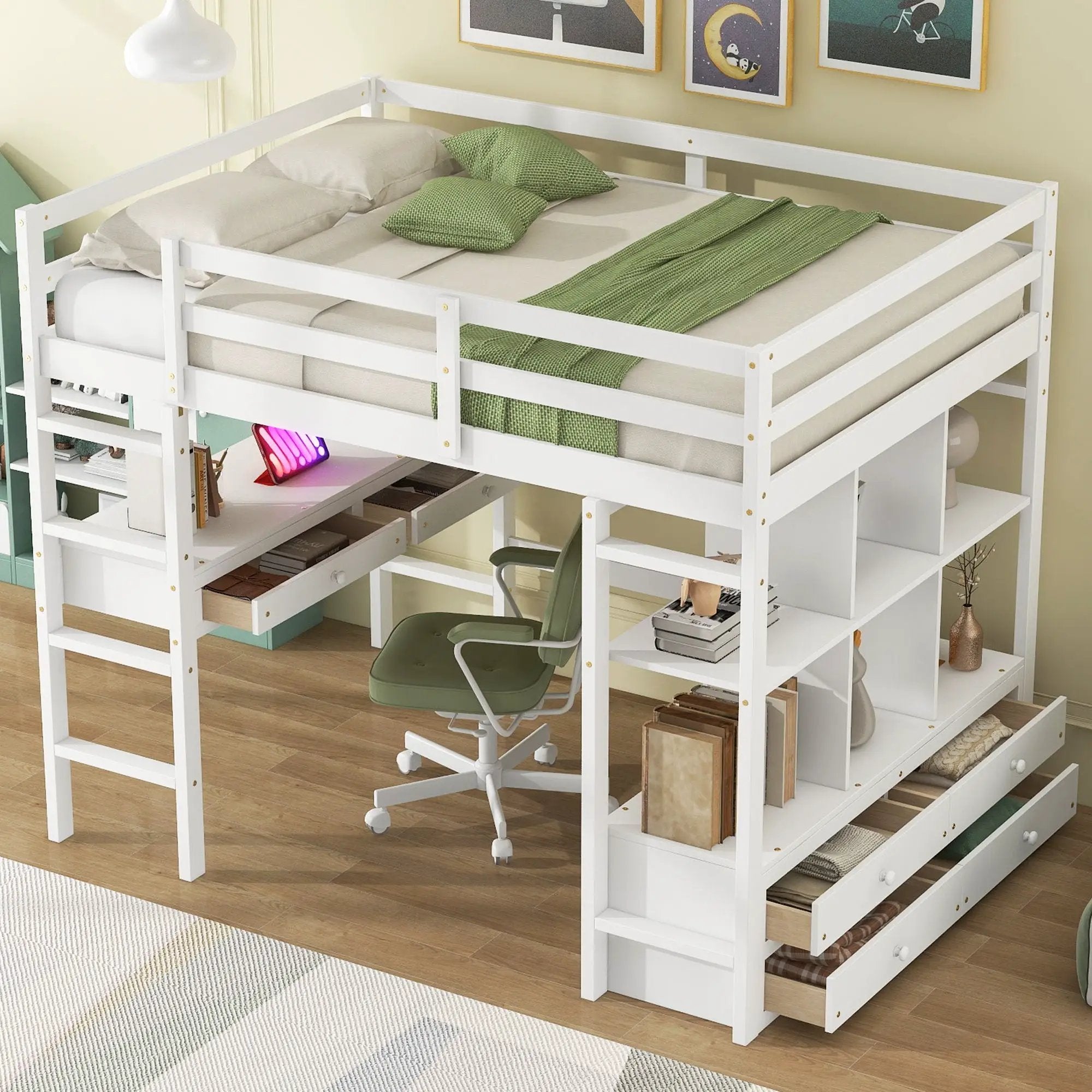 Full Size Loft Bed With Built In Desk, 2 Drawers, Storage Shelves - White by HouseOfZazla
