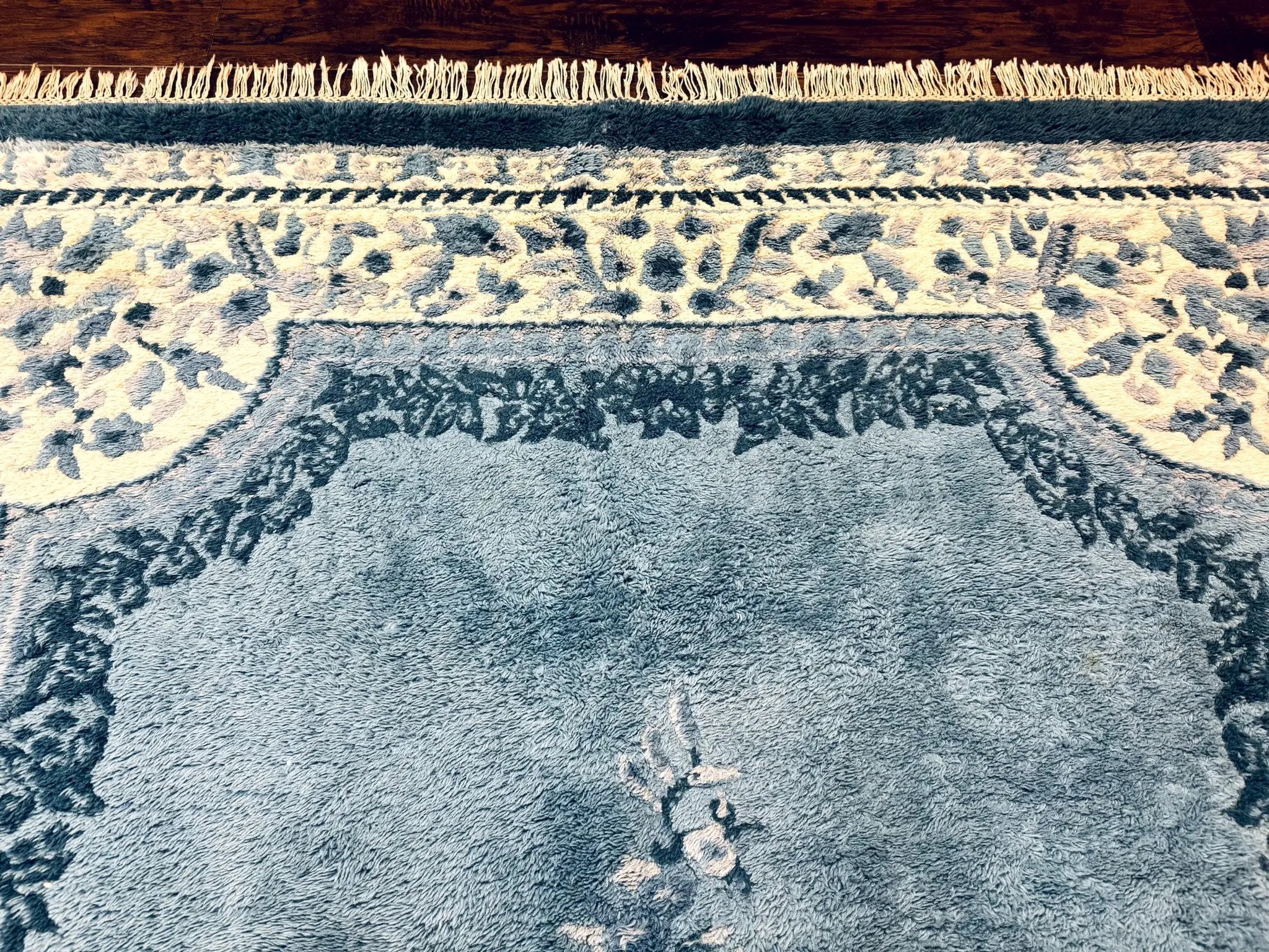 Indo Chinese Aubusson Rug 6x9, Light Blue and Ivory, Handmade Vintage Wool Carpet by Jewel Rugs
