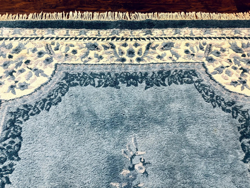 Indo Chinese Aubusson Rug 6x9, Light Blue and Ivory, Handmade Vintage Wool Carpet by Jewel Rugs