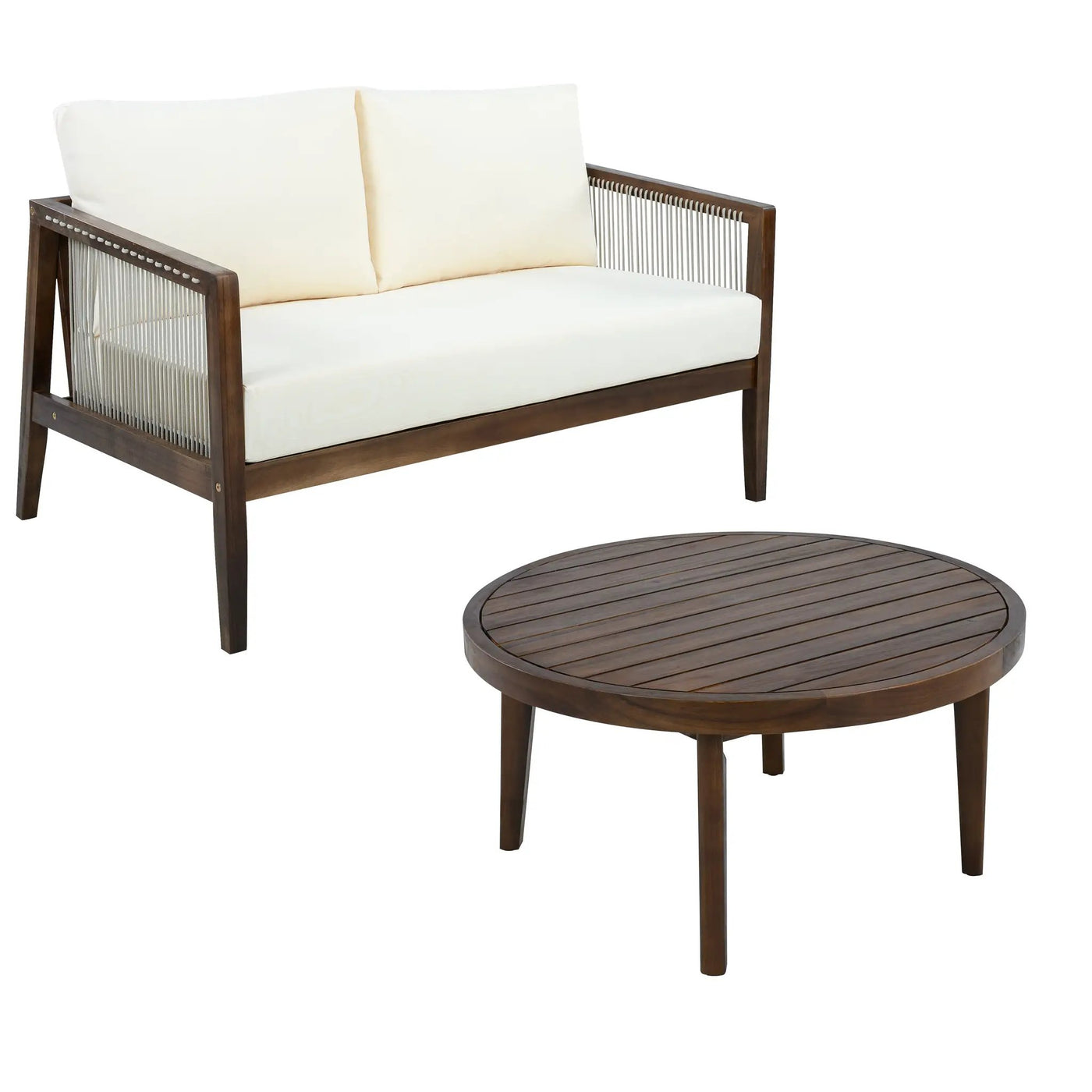 Outdoor Loveseat and Coffee Table Set, Acacia Wood Frame with Rope Detail by HouseOfZazla