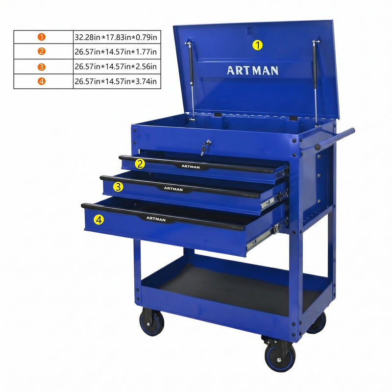 3 Drawers Multifunctional Tool Cart with Wheels and Steel Top - Blue & Black by HouseOfZazla