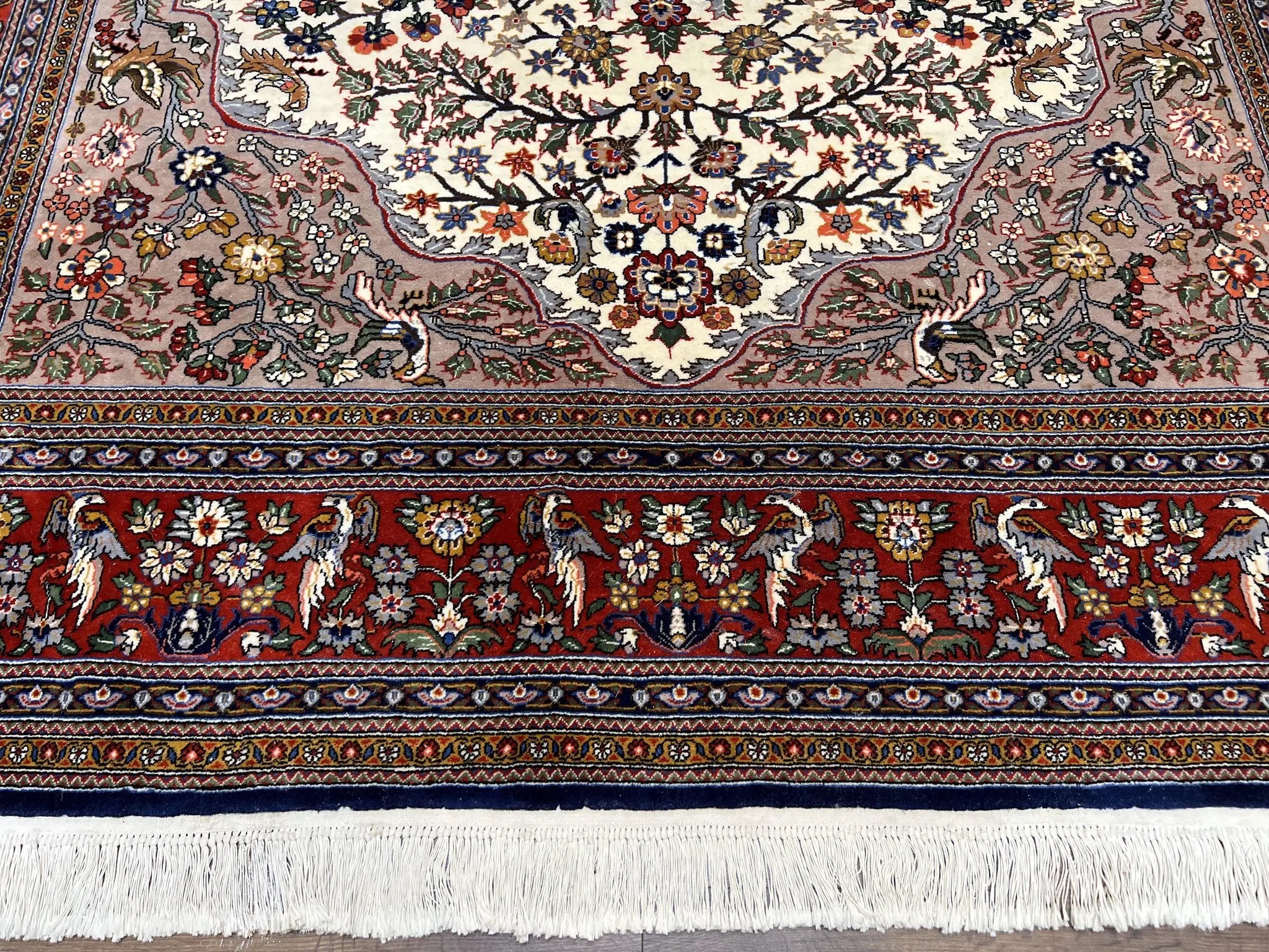 Beautiful Sino Persian Rug 7x10, Circle of Life Tree of Life Rug, Birds, Cream Red Navy Blue Taupe, Wool Silk Accents, Hand Knotted Vintage by Jewel Rugs