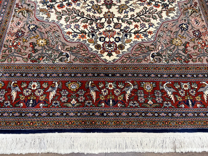 Beautiful Sino Persian Rug 7x10, Circle of Life Tree of Life Rug, Birds, Cream Red Navy Blue Taupe, Wool Silk Accents, Hand Knotted Vintage by Jewel Rugs