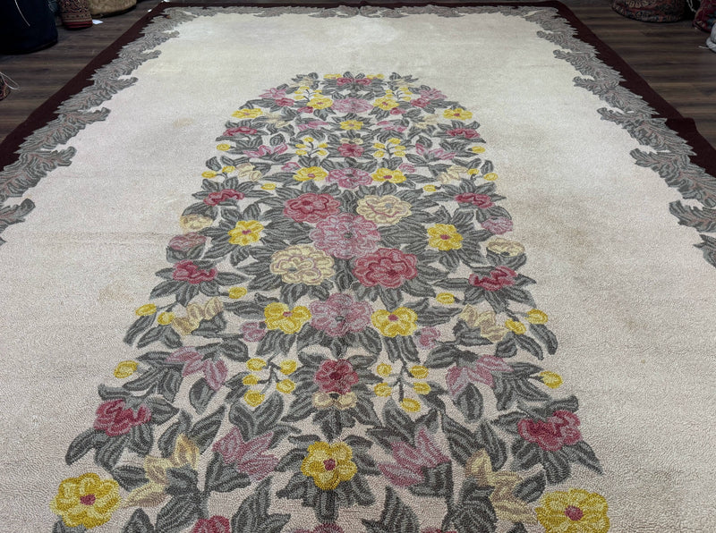 Palace Size American Hooked Rug 11x20 Aubusson Style Ivory by Jewel Rugs