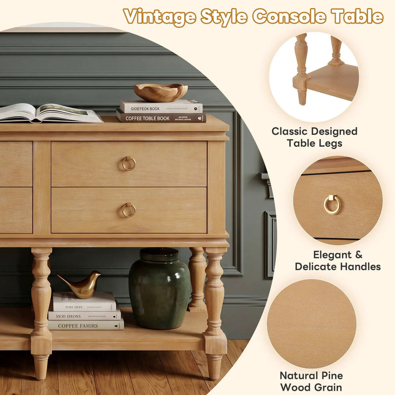 Console Table With 4 Soft Close Drawers, Thick Bottom Shelf For Living Room - Natural by HouseOfZazla