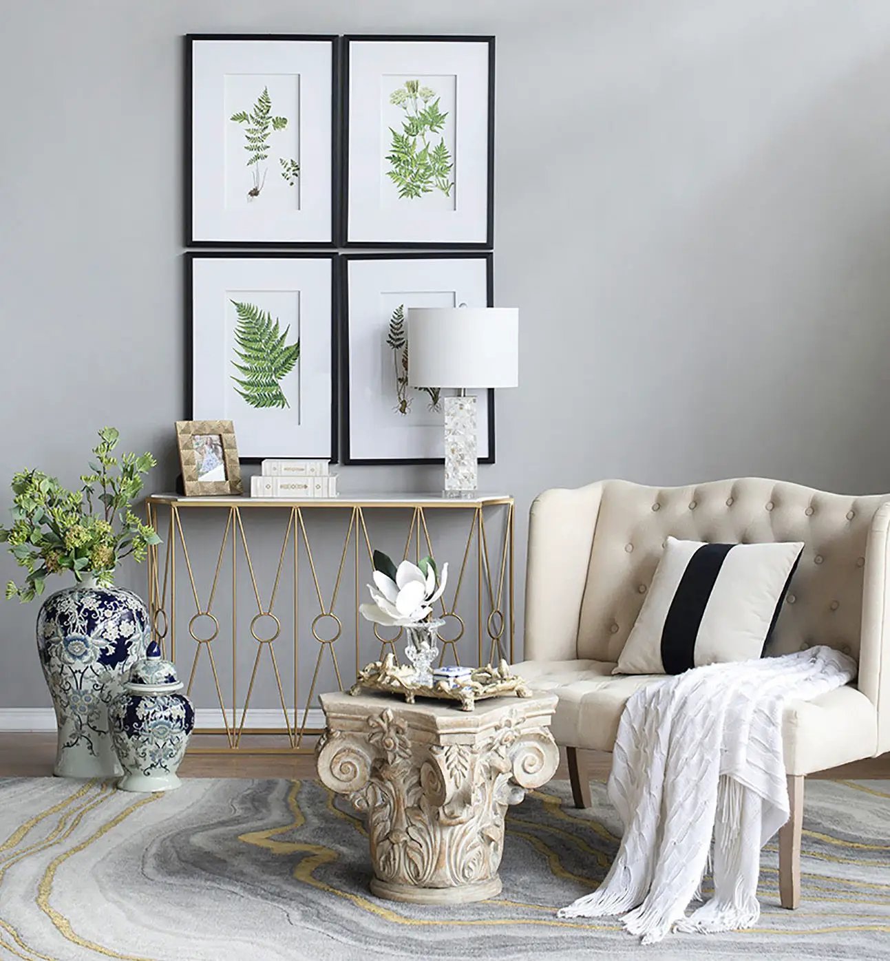 Botanical And Fern Wall Art, Wall Decor For Living Room Dining Room Entryway (Set of 4) - White / Black by Unique Piece Furniture