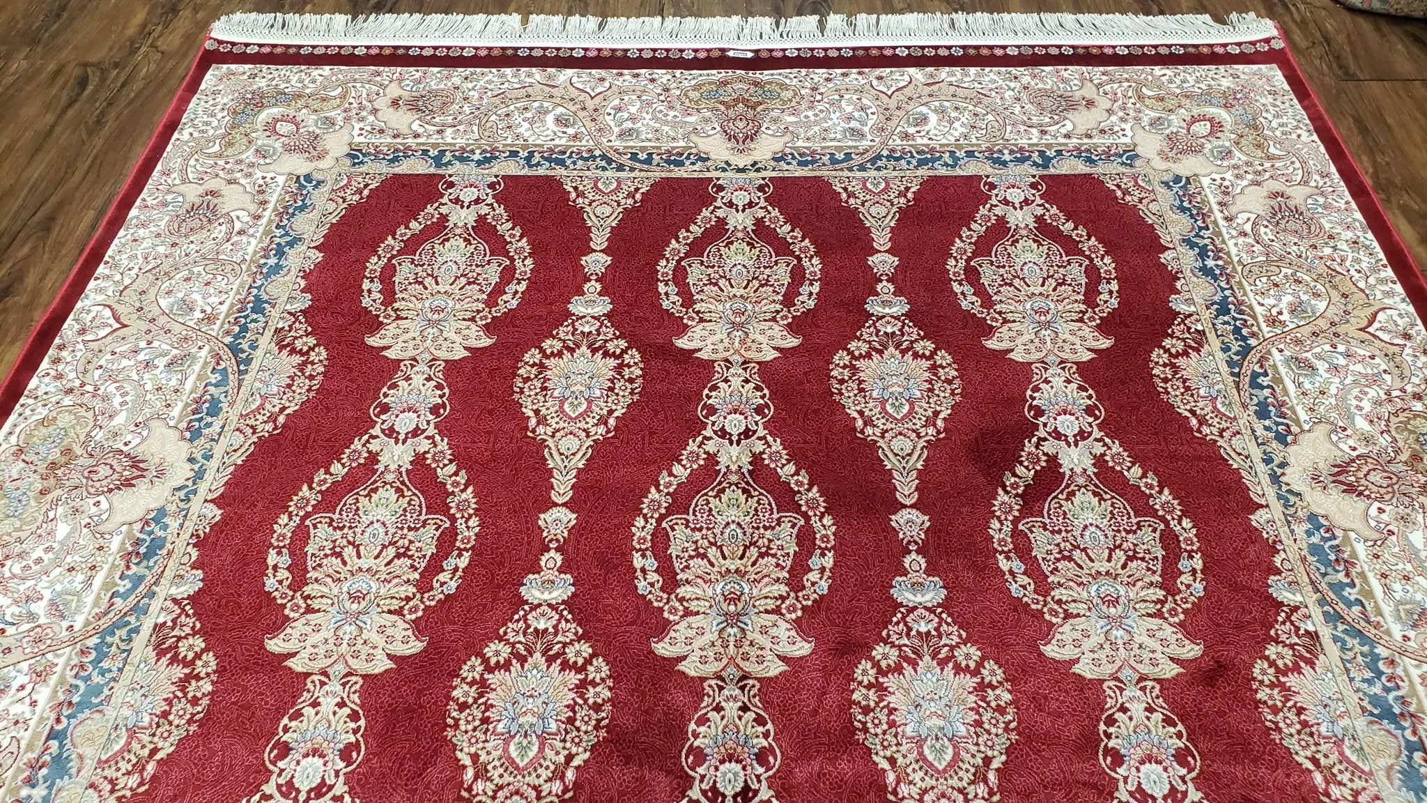 Dark Red Silk Carpet 5.3 x 7.6 ft, 5x8 Silk Rug, New Turkish Silk Carpet, Mint Condition, Beige & Red Area Rug, Bamboo Silk, High Quality by Jewel Rugs