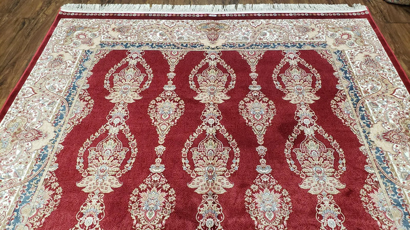 Dark Red Silk Carpet 5.3 x 7.6 ft, 5x8 Silk Rug, New Turkish Silk Carpet, Mint Condition, Beige & Red Area Rug, Bamboo Silk, High Quality by Jewel Rugs