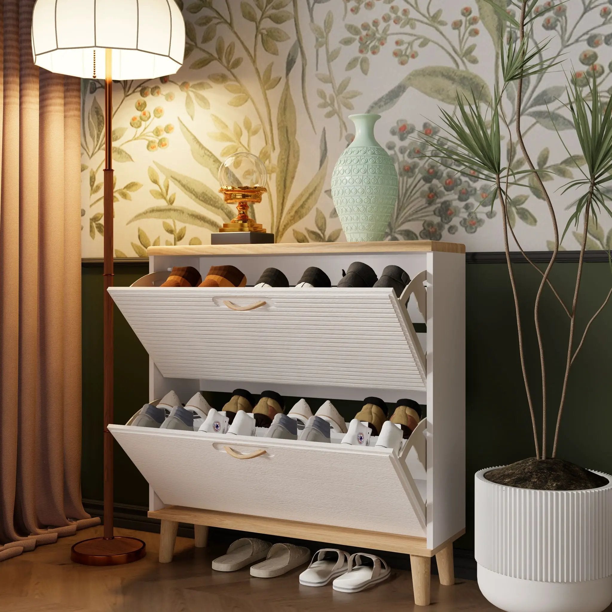 Narrow - Entryway Shoe Storage Cabinet With 2 Flip Drawers Legs - Natural / White by HouseOfZazla