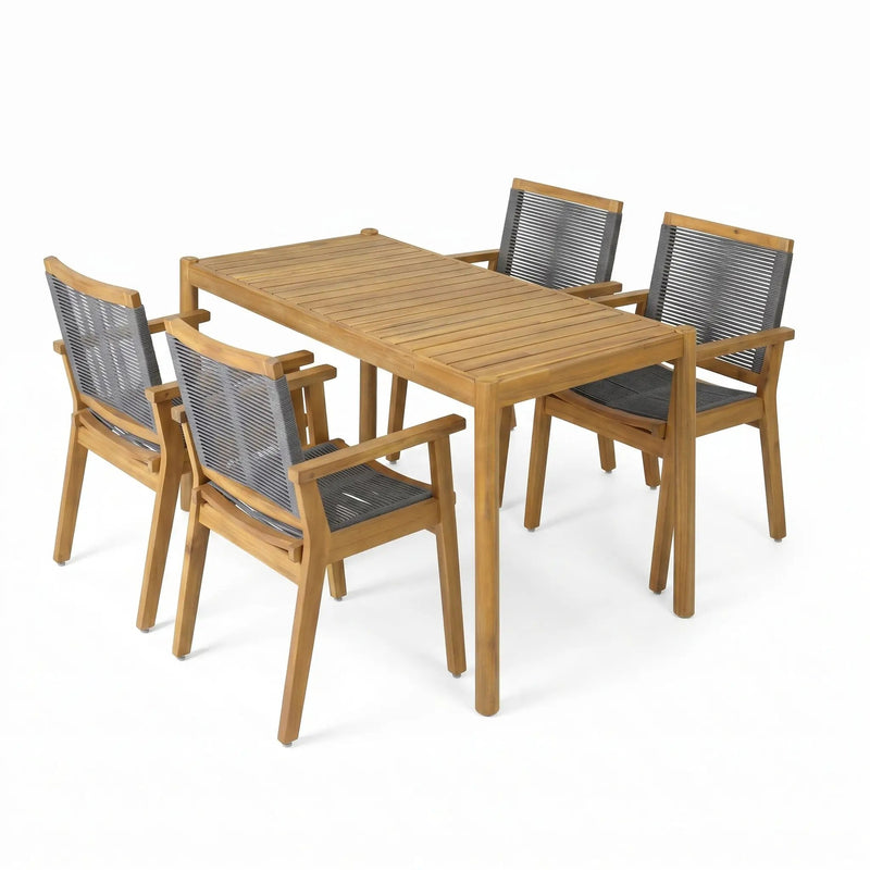 5-Piece Outdoor Acacia Wood Dining Set, 54.75" Teak Rectangular Table & 4 Dark Grey Chairs by HouseOfZazla