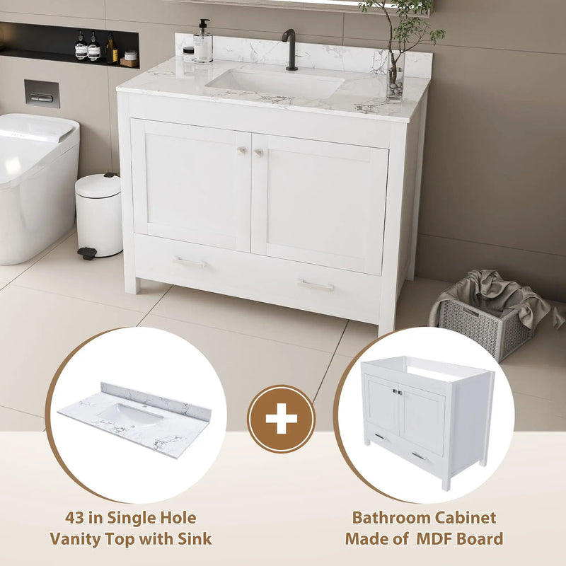 43" Bathroom Vanity With Artificial Marble Carrara Top Set, Multi Functional Cabinet With Doors And Drawer - White by HouseOfZazla