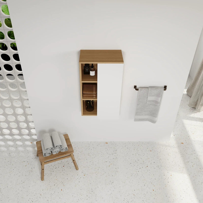 Wall Mounted Bathroom Side Cabinet, Single Door With 3 Tier Open Shelves - Black / Light Oak / White by Unique Piece Furniture