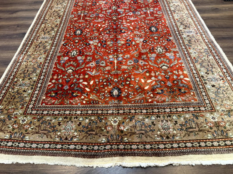 Persian Tabriz Rug 6x10, Burnt Orange and Tan, Animal Pictorials, Deer, Floral, Taba Tabae Carpet by Jewel Rugs