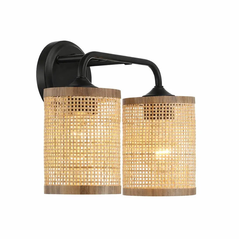 Quell - Double Light Vanity With Natural Shade Wall Lamp - Black / Rattan by HouseOfZazla