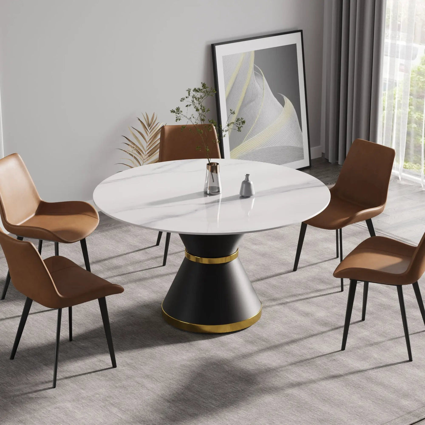 Modern Artificial Stone Round Carbon Steel Base Dining Table, Can Accommodate 6 People by Unique Piece Furniture