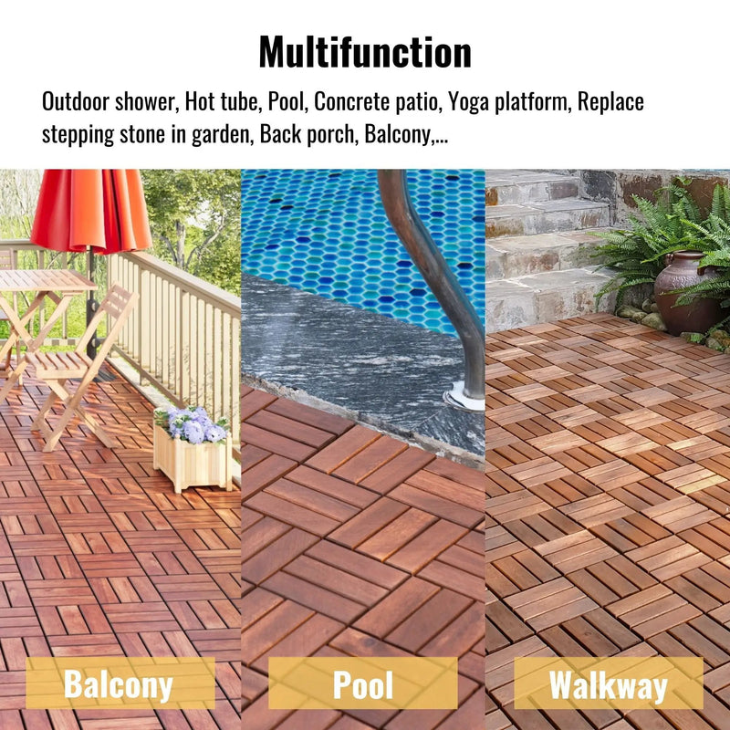 Interlocking Deck Tiles Checker Pattern, Square Acacia Hardwood Outdoor Flooring For Patio, Bancony, Pool Side by HouseOfZazla