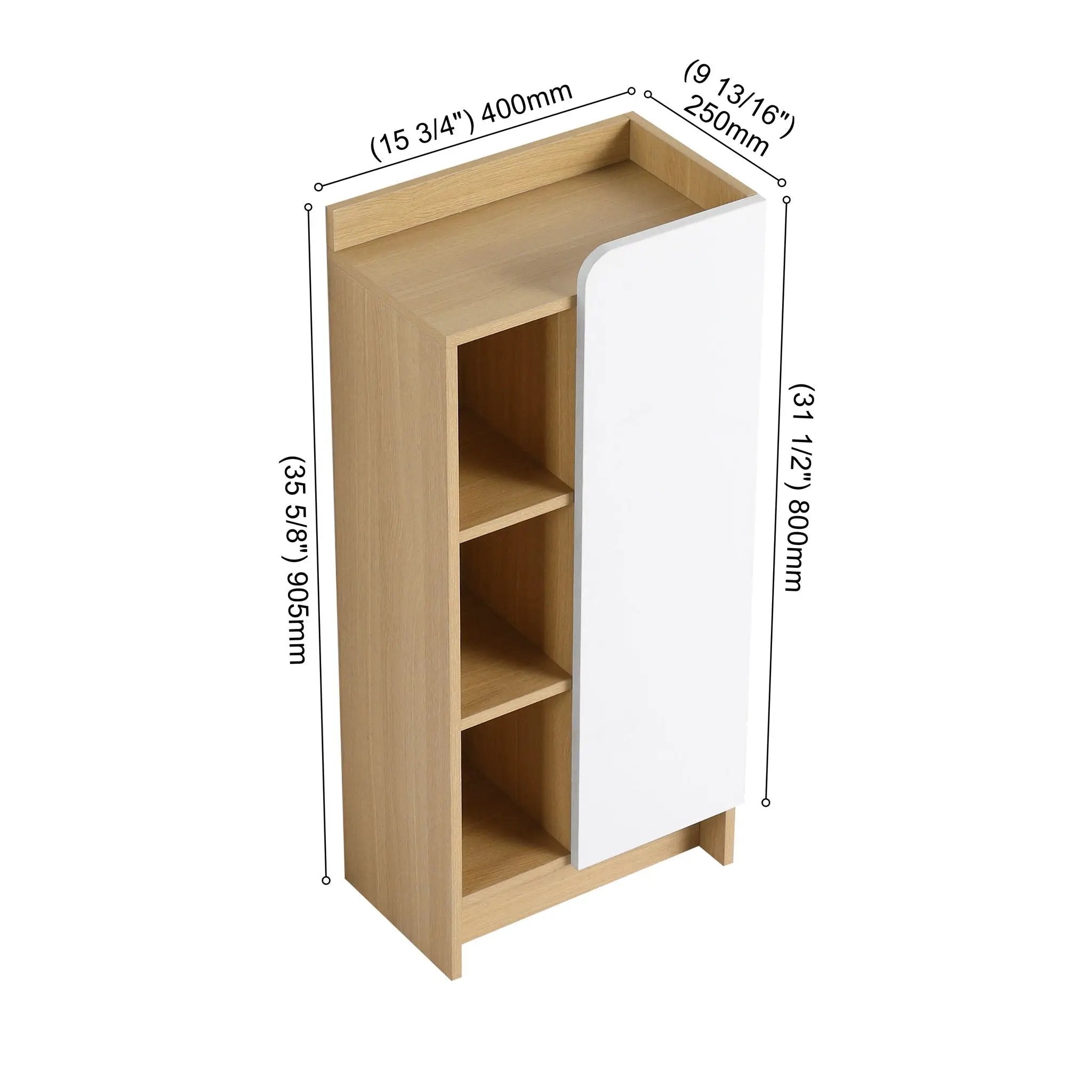 Freestanding Bathroom Side Cabinet, Narrow Storage Cabinet With Single Door & 3 Tier Open Shelves - Black / Light Oak / White by Unique Piece Furniture