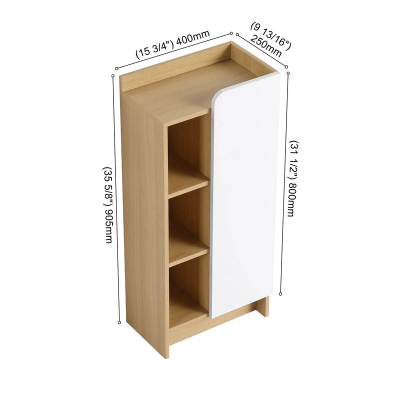 Freestanding Bathroom Side Cabinet, Narrow Storage Cabinet With Single Door & 3 Tier Open Shelves - Black / Light Oak / White by Unique Piece Furniture