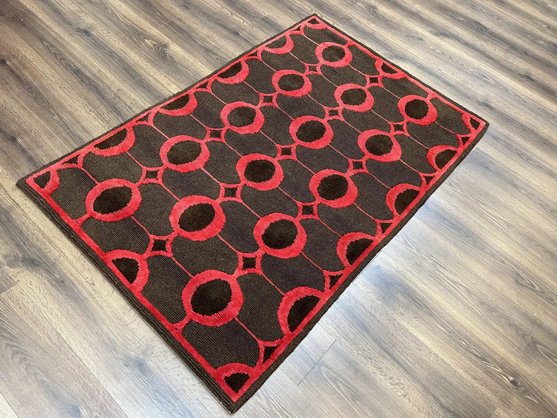Modern Tibetan Rug 3.8 x 5.7, Raspberry Red and Dark Brown, Abstract Circle Design, Hand Knotted, Soft Wool Handmade Tibet Nepali Carpet 4x6 by Jewel Rugs