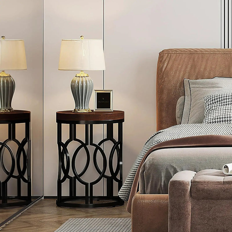 Round End Table Nightstand For Living - Brown / Black by HouseOfZazla