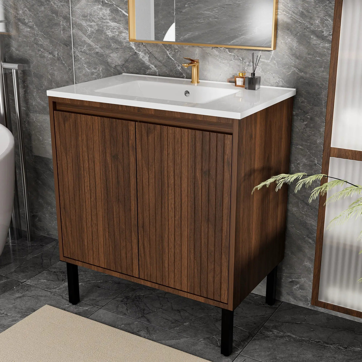 Bathroom Vanity With Ceramic Sink, Floor-Standing Design, Soft-Closing Drawers by HouseOfZazla