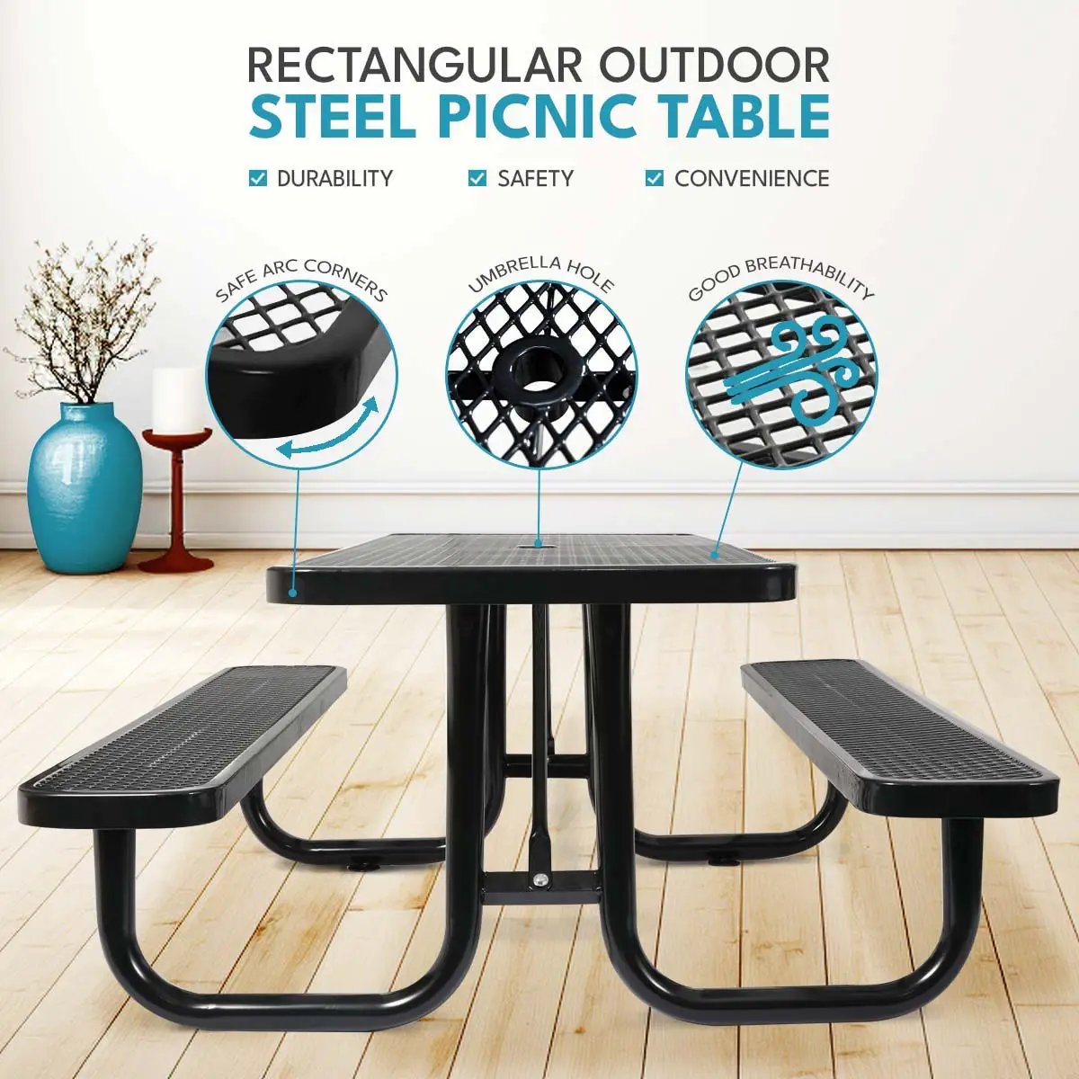 Outdoor Steel Picnic Rectangular Table With Umbrella Pole by HouseOfZazla