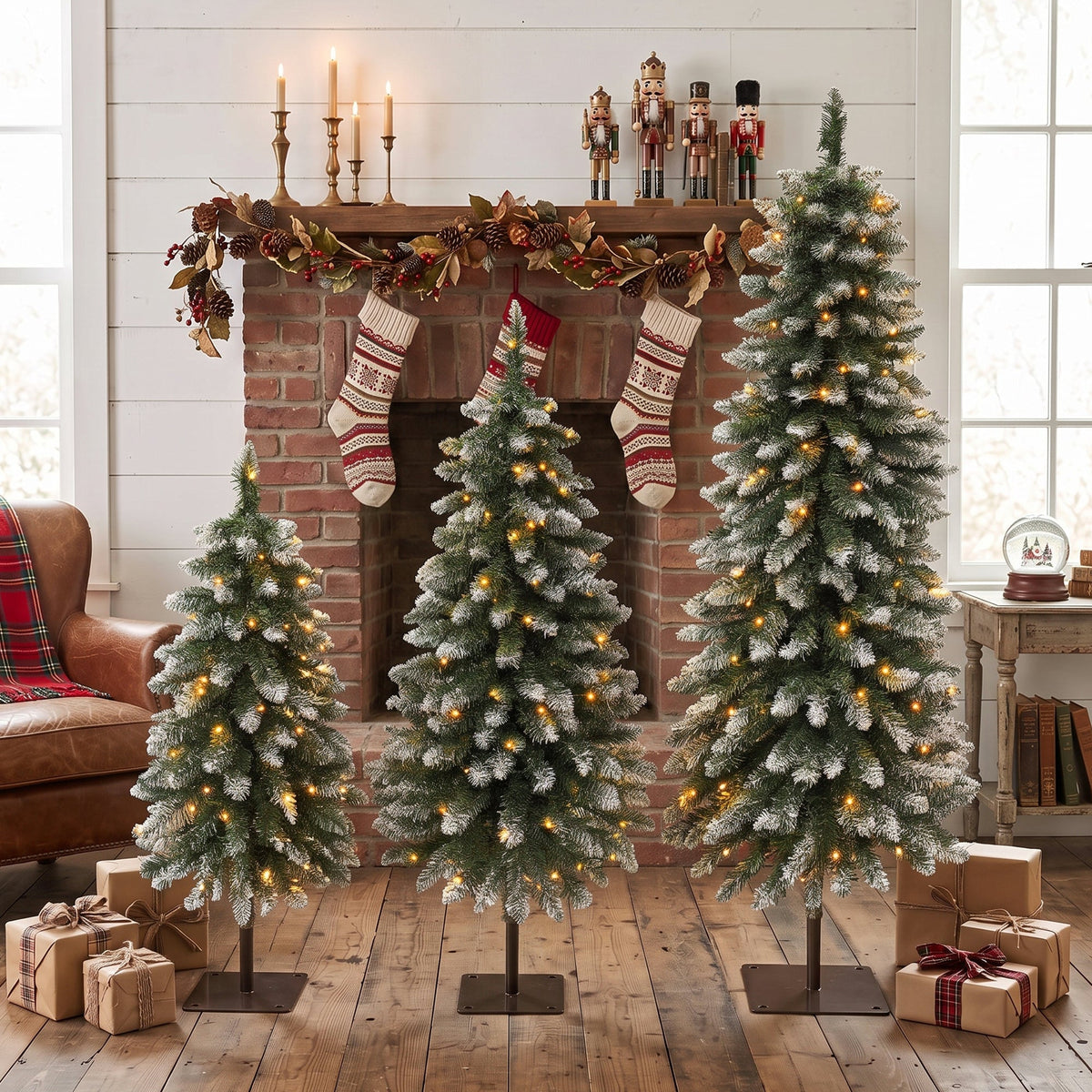 Pre-Lit Snow Flocked Pencil Christmas Tree Set - White (3-Pack), photo 3 of 10