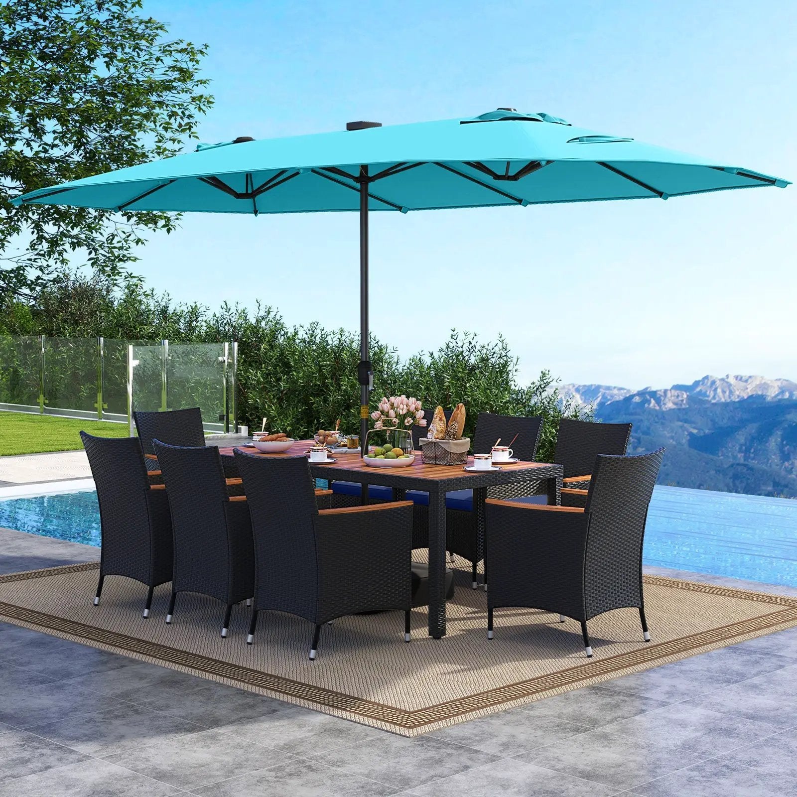 11 Pieces Patio Dining Set with LED Patio Umbrella with Base and Seat Cushions (Navy) by DirectDeals