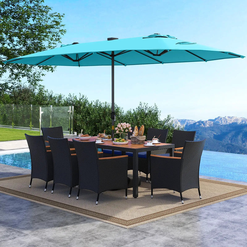 11 Pieces Patio Dining Set with LED Patio Umbrella with Base and Seat Cushions (Navy) by DirectDeals