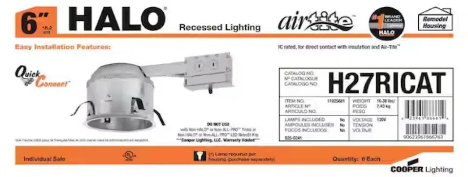 HALO H27 6 in. Aluminum Recessed Lighting Housing for Remodel Shallow Ceiling, Insulation Contact, Air-Tite by Selzalot