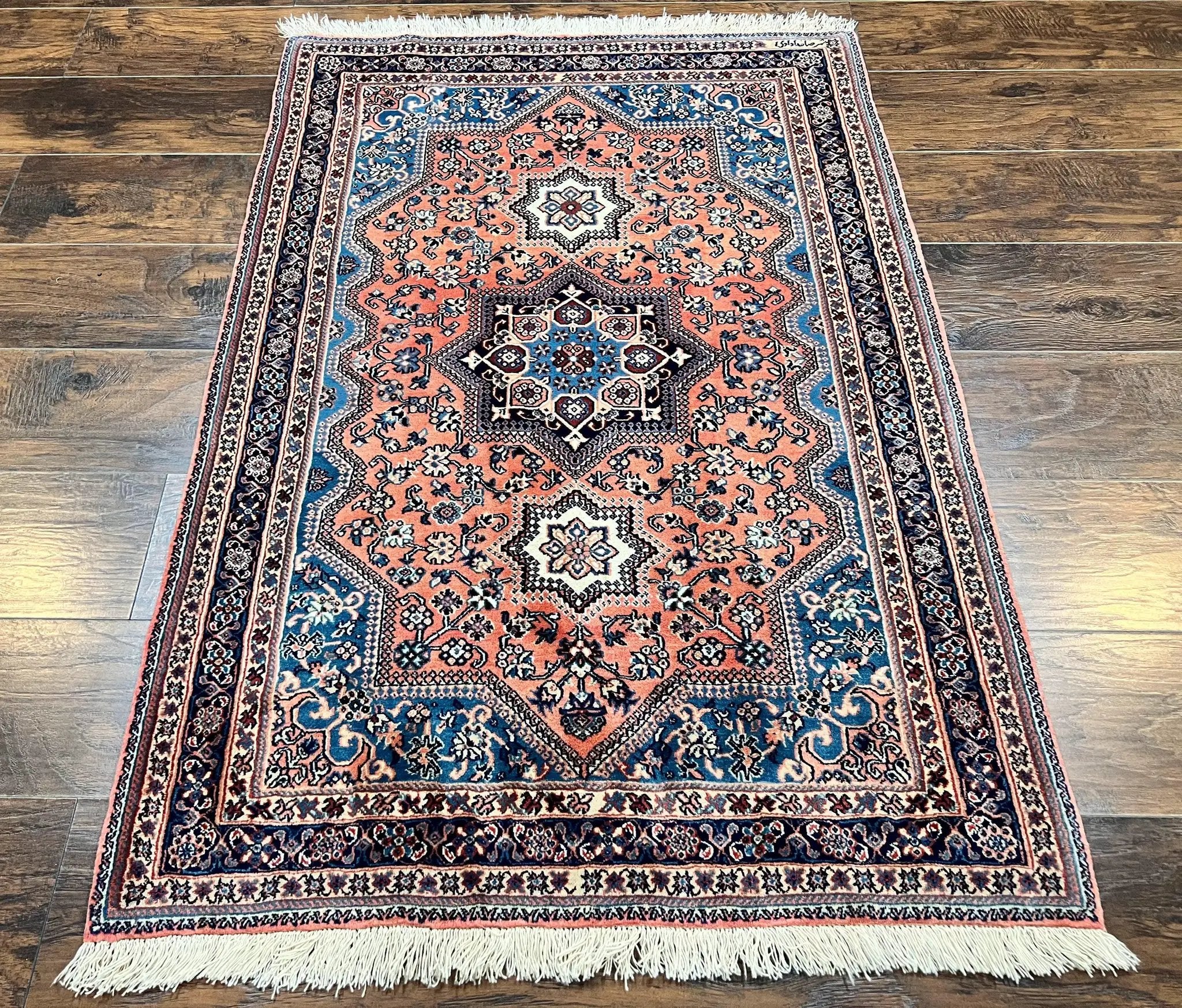 Persian Shiraz Rug 3x5, Geometric Tribal Rug, Wool Hand Knotted Vintage Carpet, Light Red & Blue, Signed by Masterweaver by Jewel Rugs