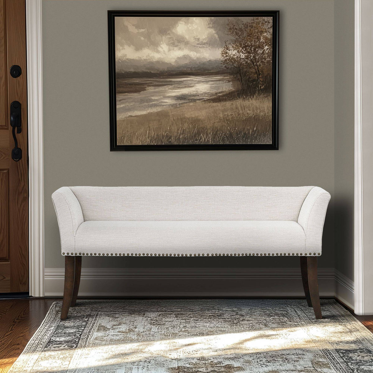 Welburn Upholstered Bench with Low Back and Flared Arms - Blue, Light Blue, or Beige, photo 13 of 32